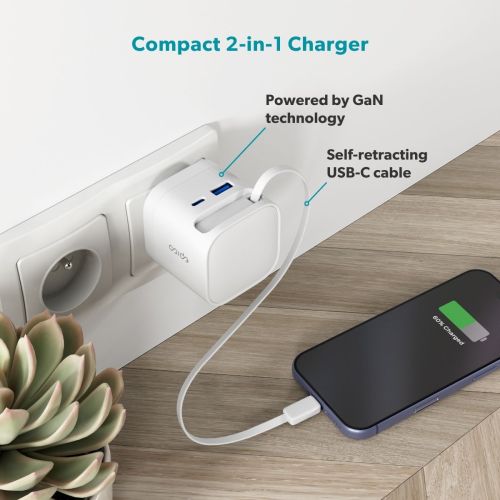 Epico 65W GaN Wall Charger with Built-in Cable - White