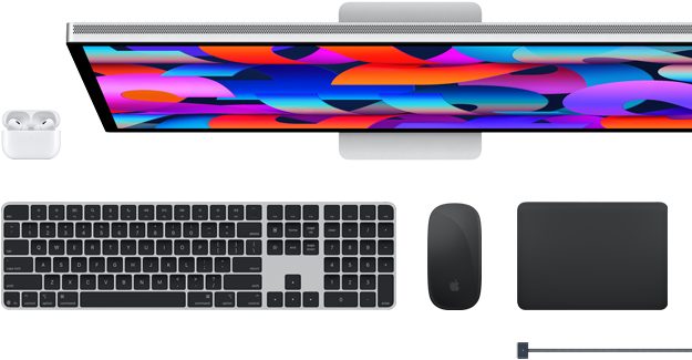 Mac accessories: Airpods, Studio ekraan, Magic Keyboard, Magic Mouse, Magic Trackpad, MagSafe charge cable in Space Black