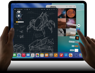 iPad Pro, space black color, left hand holding device, right hand pointing gesturing to manipulate multiple open app windows, a drawing app with sketches of mechanical designs, photos library of planets and space images, downloads folder files fanned out